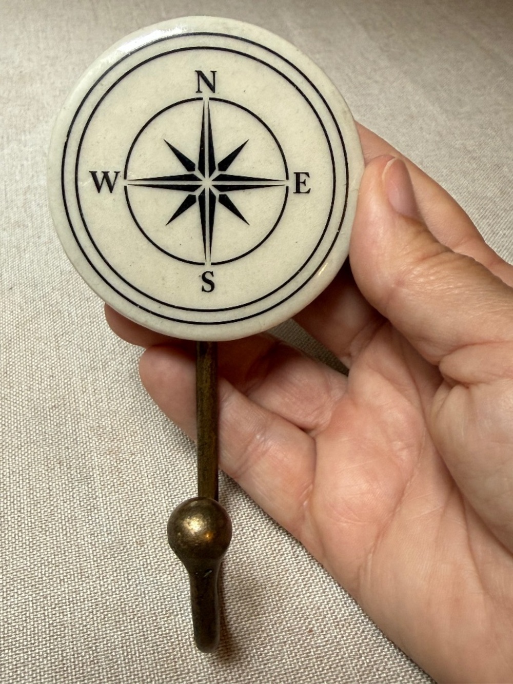 Nautical Inspired Compass Brass and Ceramic Wall Hook
